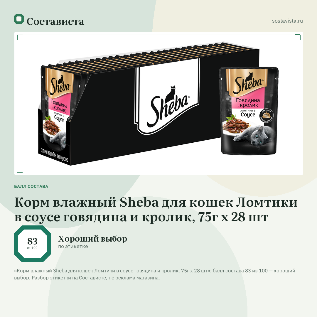 Корм влажный Sheba для кошек Ломтики в соусе говядина и кролик, 75г x 28 шт: балл состава 83 из 100 — Состависта