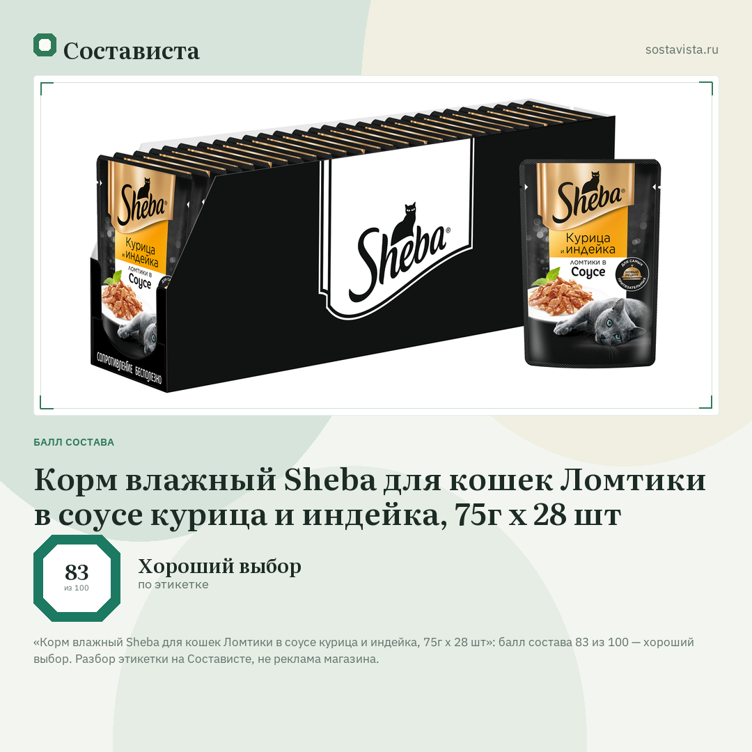 Корм влажный Sheba для кошек Ломтики в соусе курица и индейка, 75г x 28 шт: балл состава 83 из 100 — Состависта
