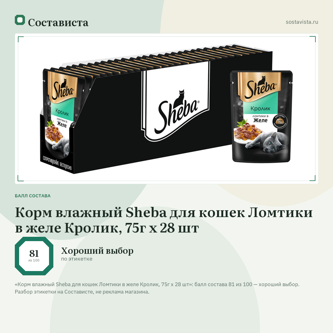 Корм влажный Sheba для кошек Ломтики в желе Кролик, 75г x 28 шт: балл состава 81 из 100 — Состависта