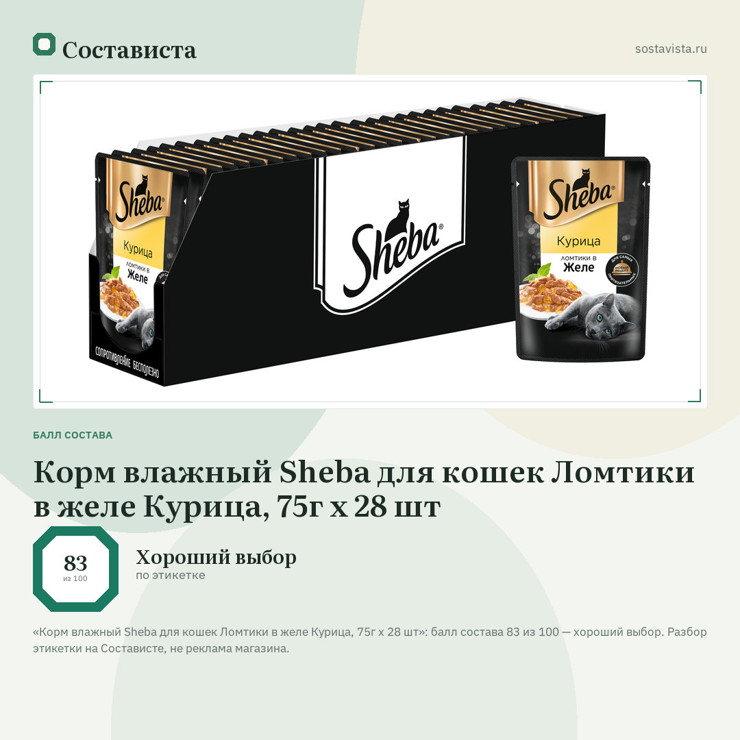 Корм влажный Sheba для кошек Ломтики в желе Курица, 75г x 28 шт: балл состава 83 из 100 — Состависта