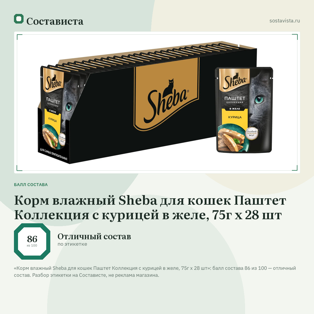 Корм влажный Sheba для кошек Паштет Коллекция с курицей в желе, 75г x 28 шт: балл состава 86 из 100 — Состависта