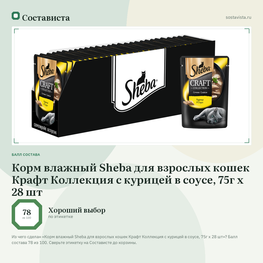 Корм влажный Sheba для взрослых кошек Крафт Коллекция с курицей в соусе, 75г x 28 шт: балл состава 78 из 100 — Состависта
