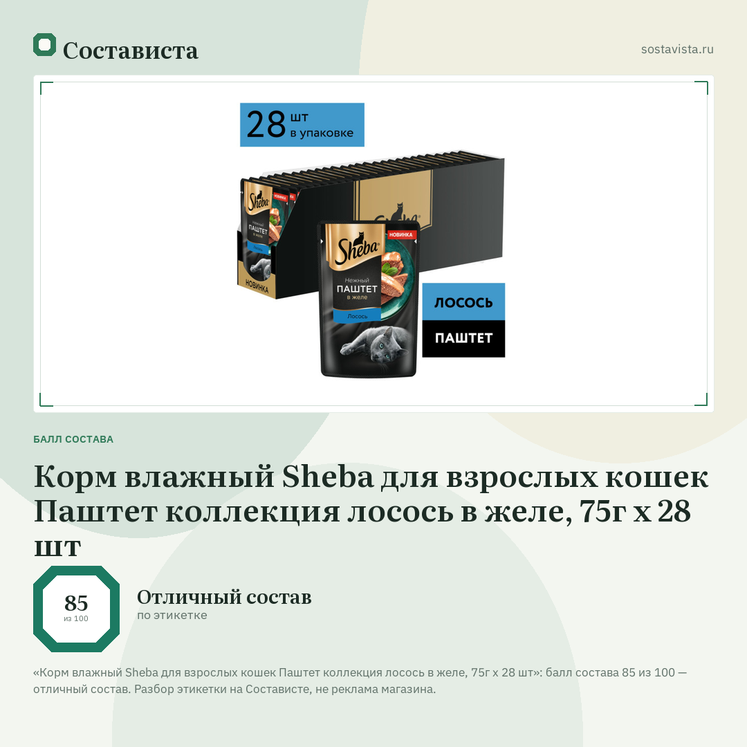 Корм влажный Sheba для взрослых кошек Паштет коллекция лосось в желе, 75г x 28 шт: балл состава 85 из 100 — Состависта