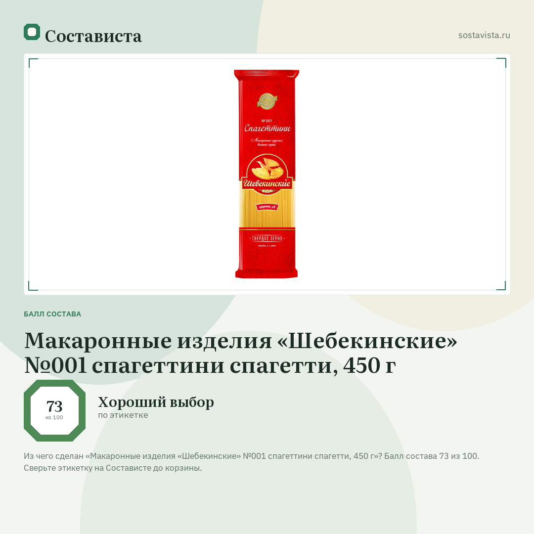 Макаронные изделия «Шебекинские» №001 cпагеттини спагетти, 450 г: балл состава 73 из 100 — Состависта