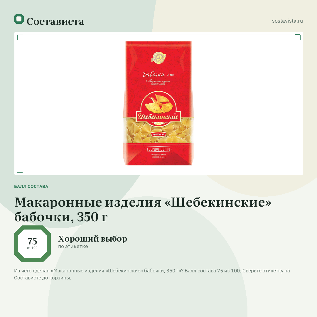 Макаронные изделия «Шебекинские» бабочки, 350 г: балл состава 75 из 100 — Состависта
