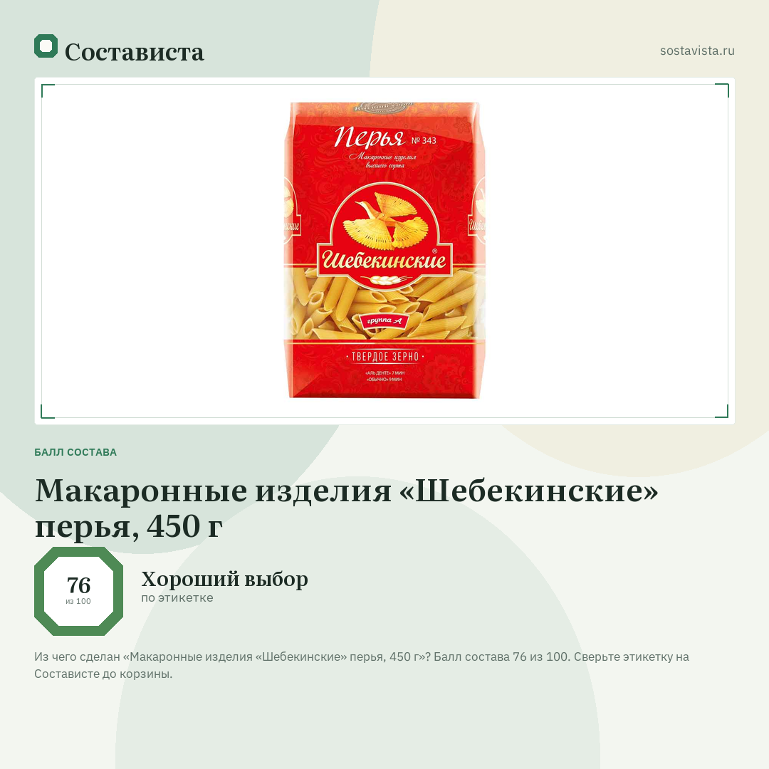 Макаронные изделия «Шебекинские» перья, 450 г: балл состава 76 из 100 — Состависта