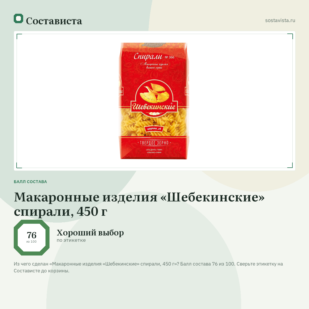 Макаронные изделия «Шебекинские» спирали, 450 г: балл состава 76 из 100 — Состависта