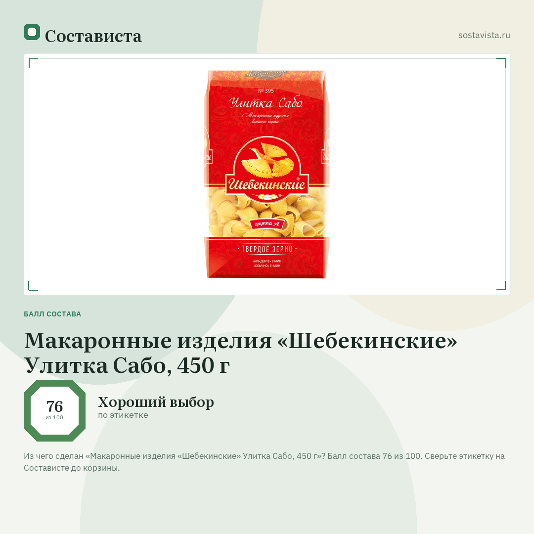 Макаронные изделия «Шебекинские» Улитка Сабо, 450 г: балл состава 76 из 100 — Состависта