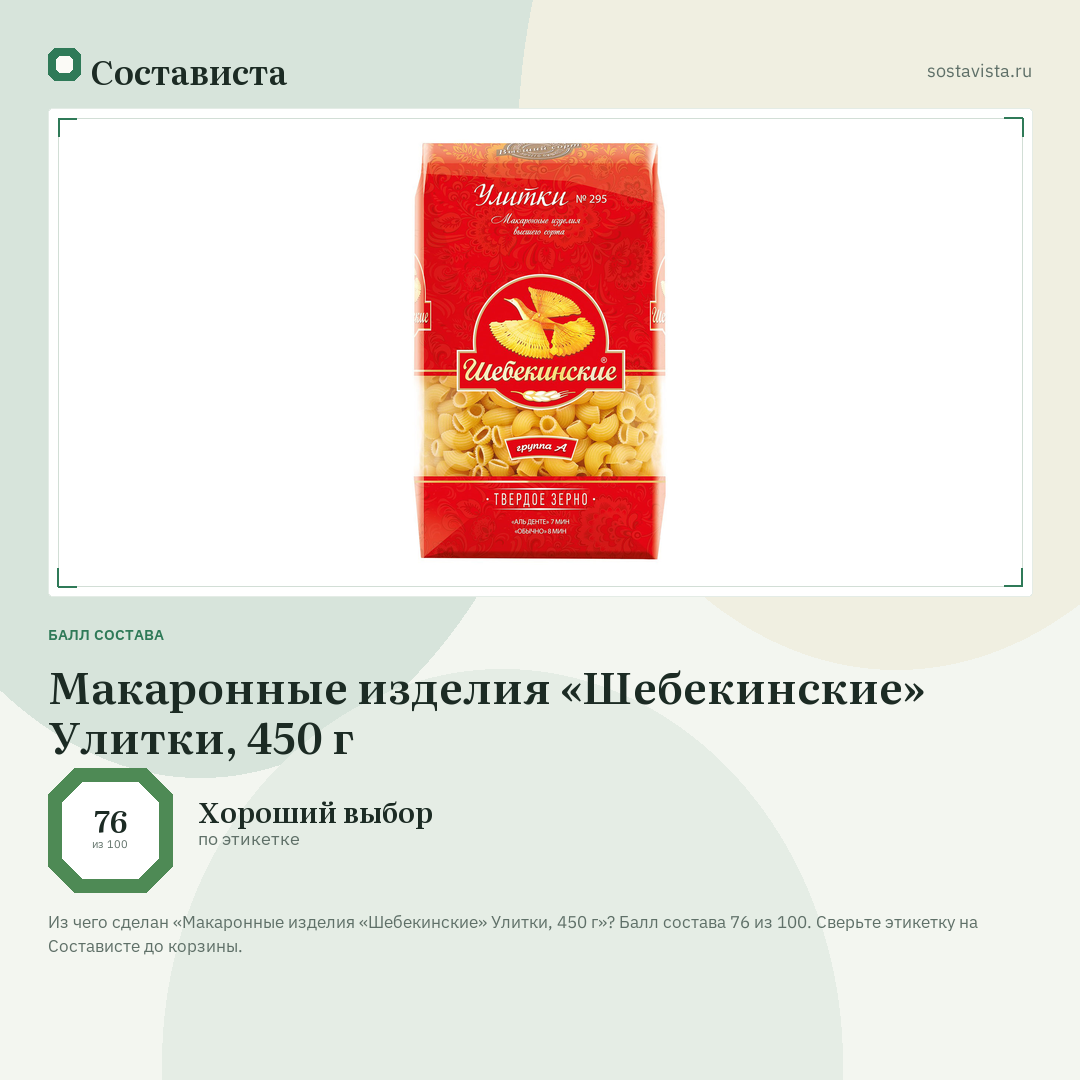 Макаронные изделия «Шебекинские» Улитки, 450 г: балл состава 76 из 100 — Состависта