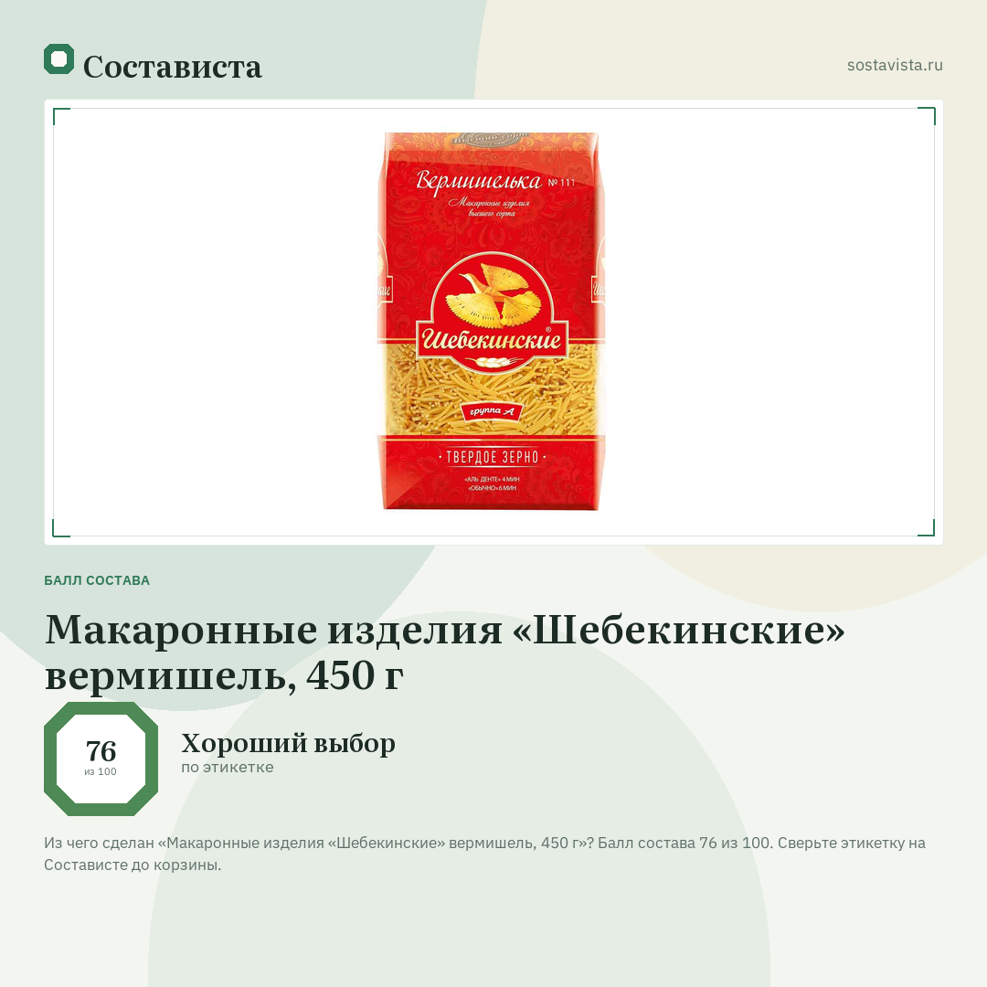 Макаронные изделия «Шебекинские» вермишель, 450 г: балл состава 76 из 100 — Состависта