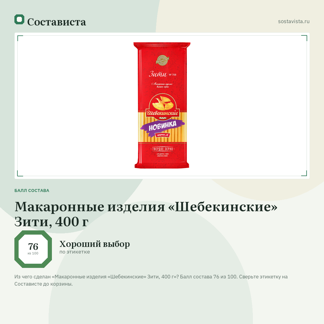 Макаронные изделия «Шебекинские» Зити, 400 г: балл состава 76 из 100 — Состависта