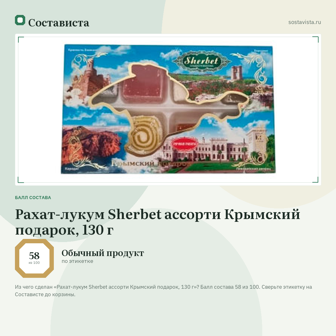 Рахат-лукум Sherbet ассорти Крымский подарок, 130 г: балл состава 58 из 100 — Состависта