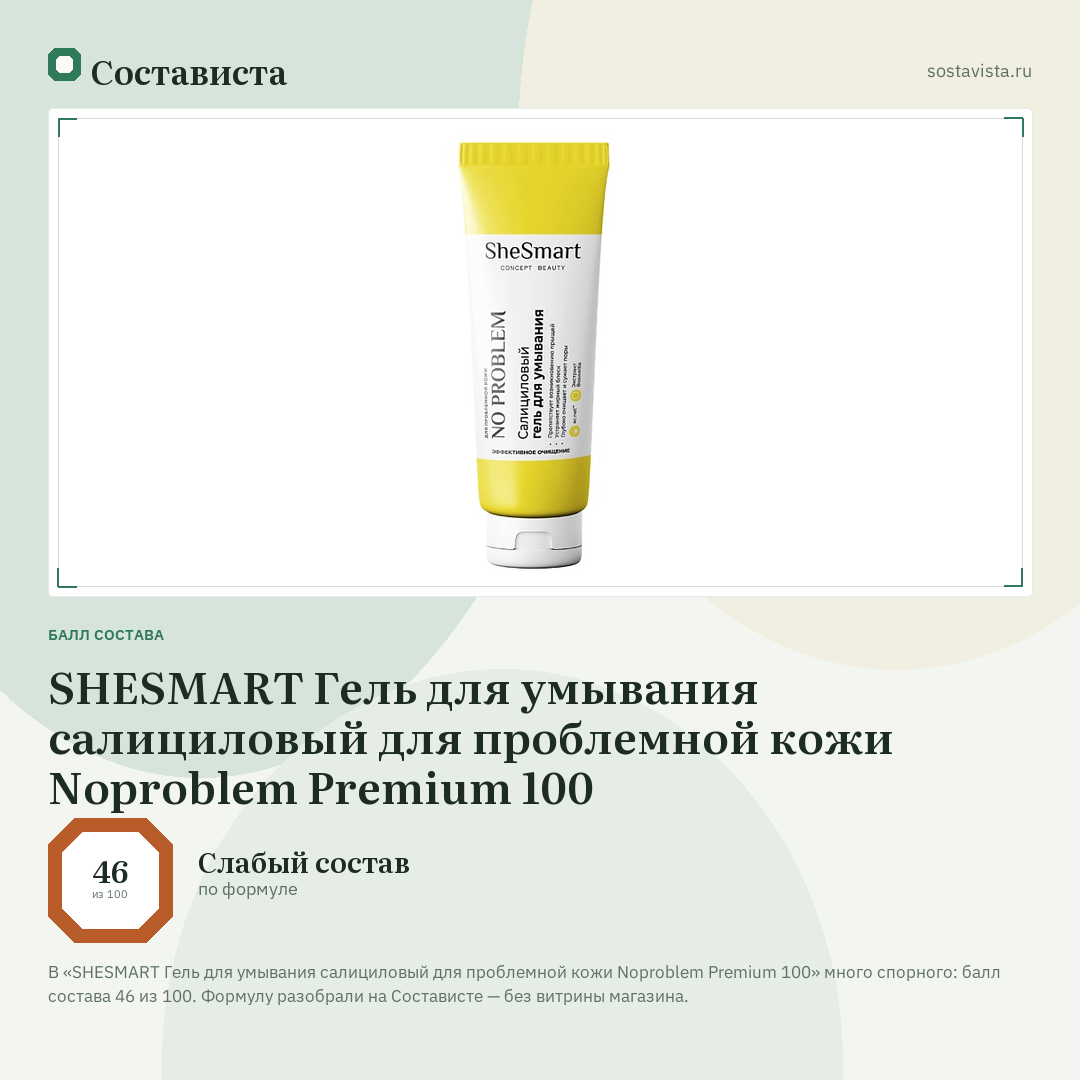 SHESMART Гель для умывания салициловый для проблемной кожи Noproblem Premium 100: балл состава 46 из 100 — Состависта