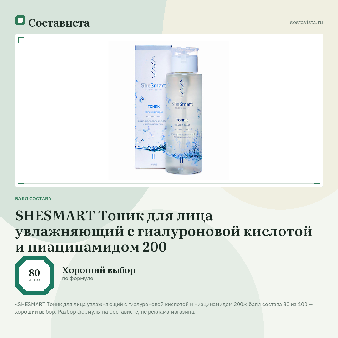 SHESMART Тоник для лица увлажняющий с гиалуроновой кислотой и ниацинамидом 200: балл состава 80 из 100 — Состависта