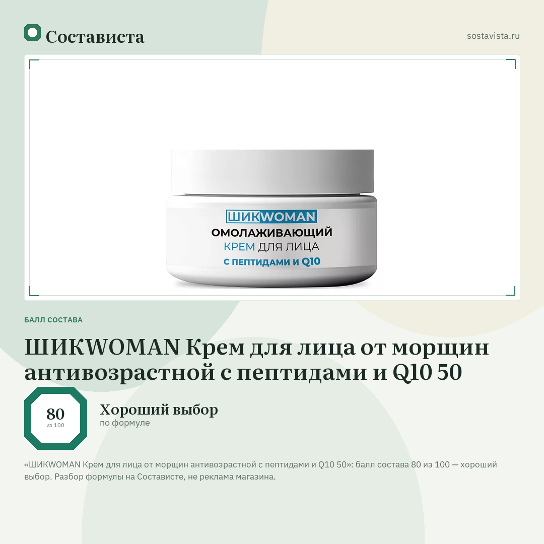 ШИКWOMAN Крем для лица от морщин антивозрастной c пептидами и Q10 50: балл состава 80 из 100 — Состависта