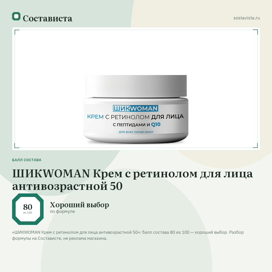 ШИКWOMAN Крем с ретинолом для лица антивозрастной 50: балл состава 80 из 100 — Состависта