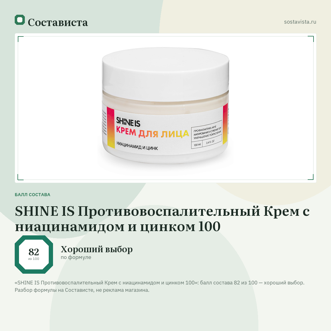 SHINE IS Противовоспалительный Крем с ниацинамидом и цинком 100: балл состава 82 из 100 — Состависта