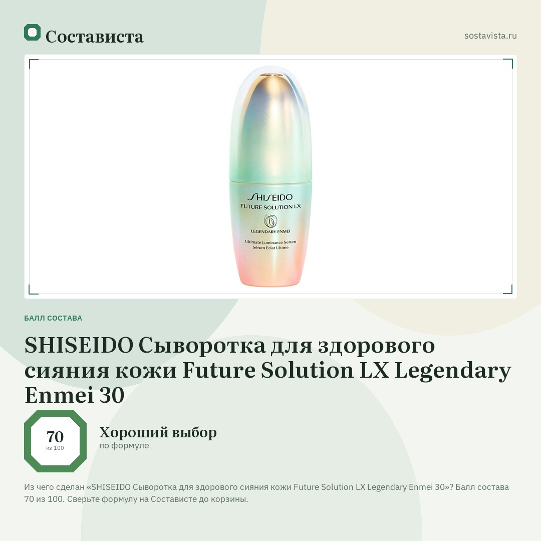 SHISEIDO Cыворотка для здорового сияния кожи Future Solution LX Legendary Enmei 30: балл состава 70 из 100 — Состависта