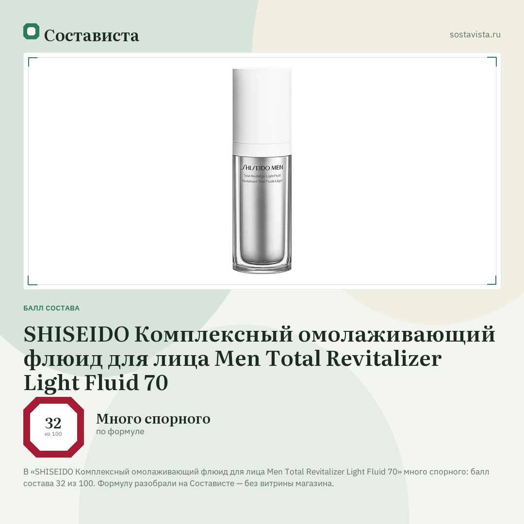 SHISEIDO Комплексный омолаживающий флюид для лица Men Total Revitalizer Light Fluid 70: балл состава 32 из 100 — Состависта