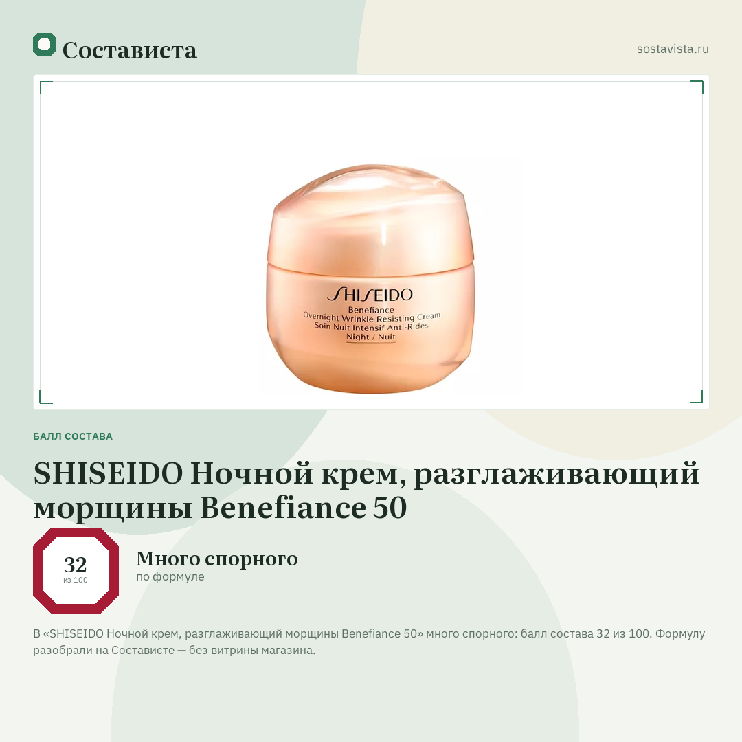 SHISEIDO Ночной крем, разглаживающий морщины Benefiance 50: балл состава 32 из 100 — Состависта