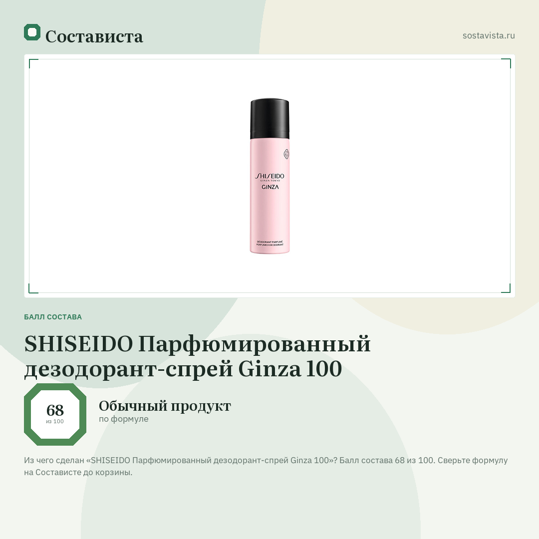 SHISEIDO Парфюмированный дезодорант-спрей Ginza 100: балл состава 68 из 100 — Состависта
