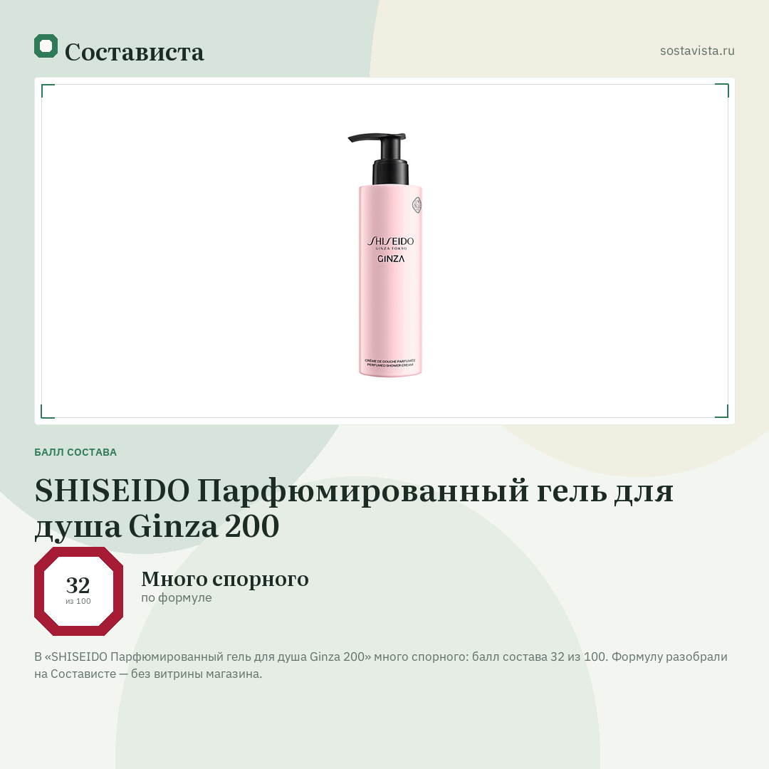 SHISEIDO Парфюмированный гель для душа Ginza 200: балл состава 32 из 100 — Состависта