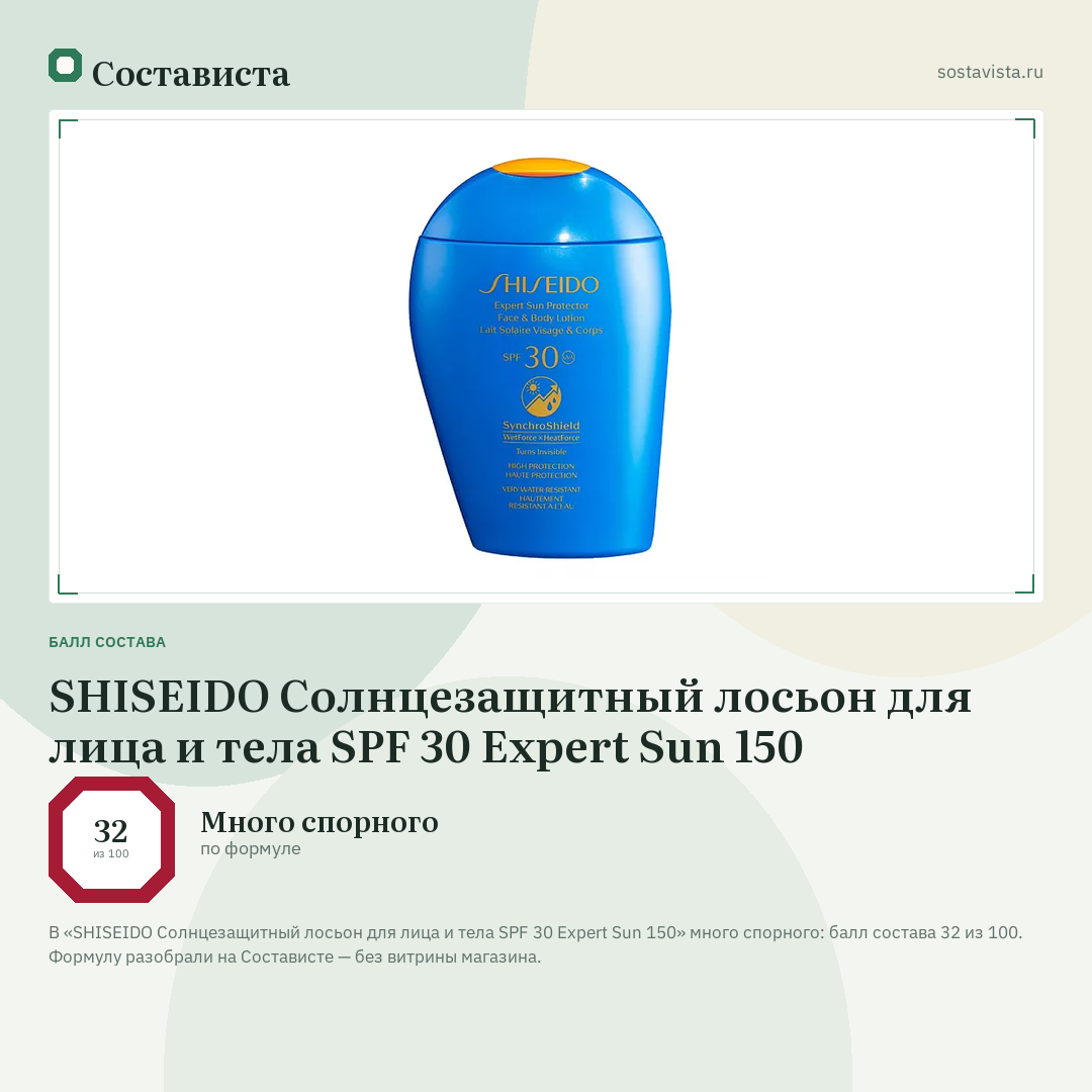 SHISEIDO Солнцезащитный лосьон для лица и тела SPF 30 Expert Sun 150: балл состава 32 из 100 — Состависта