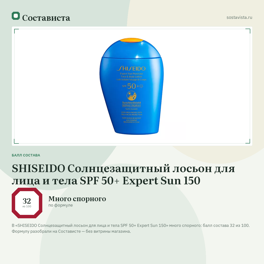 SHISEIDO Солнцезащитный лосьон для лица и тела SPF 50+ Expert Sun 150: балл состава 32 из 100 — Состависта