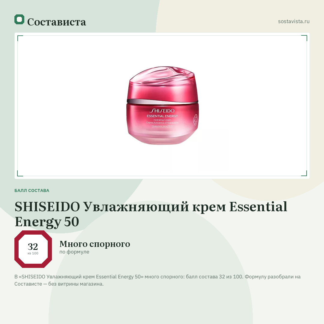 SHISEIDO Увлажняющий крем Essential Energy 50: балл состава 32 из 100 — Состависта