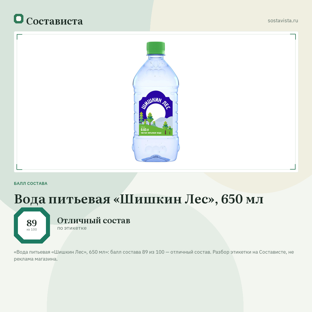 Вода питьевая «Шишкин Лес», 650 мл: балл состава 89 из 100 — Состависта