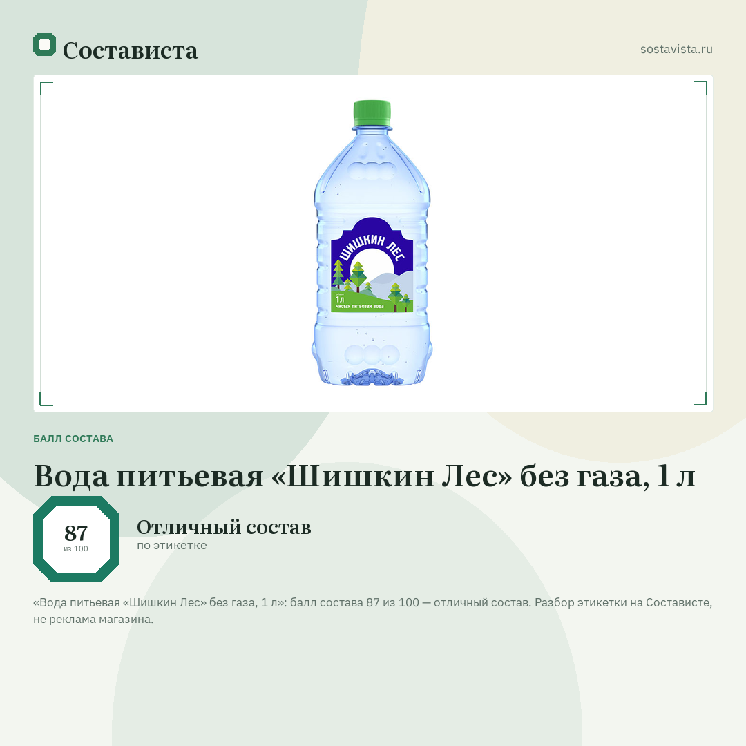 Вода питьевая «Шишкин Лес» без газа, 1 л: балл состава 87 из 100 — Состависта