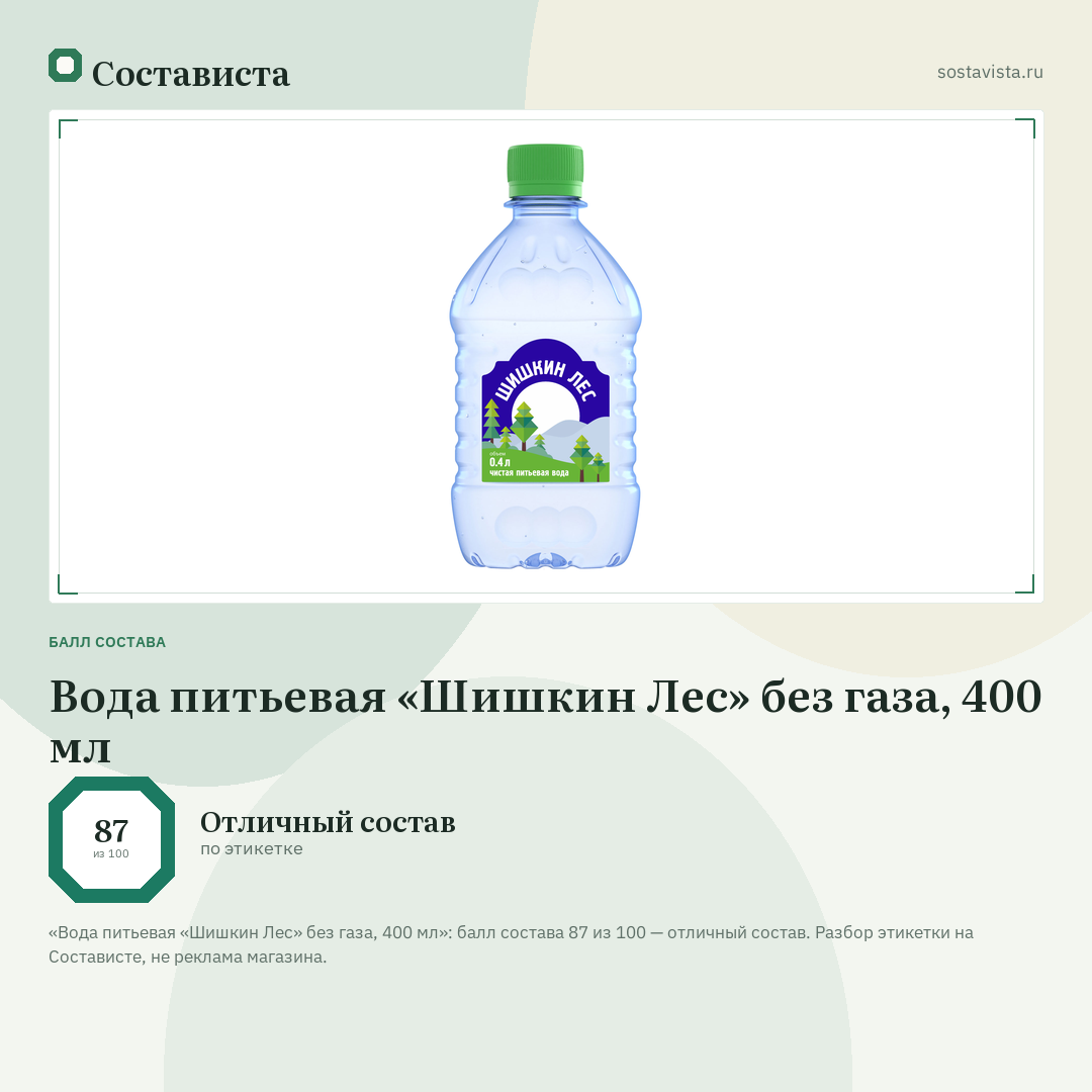 Вода питьевая «Шишкин Лес» без газа, 400 мл: балл состава 87 из 100 — Состависта