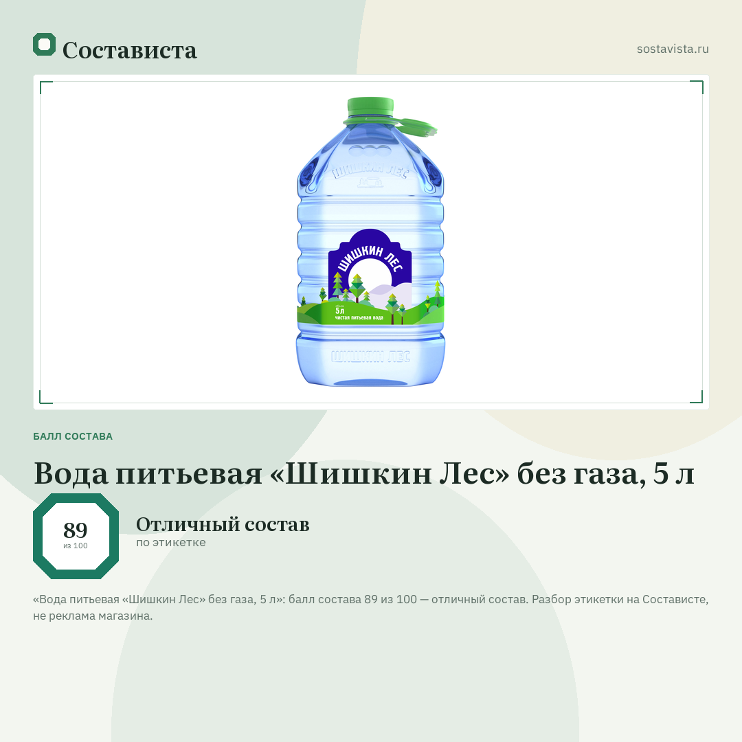 Вода питьевая «Шишкин Лес» без газа, 5 л: балл состава 89 из 100 — Состависта
