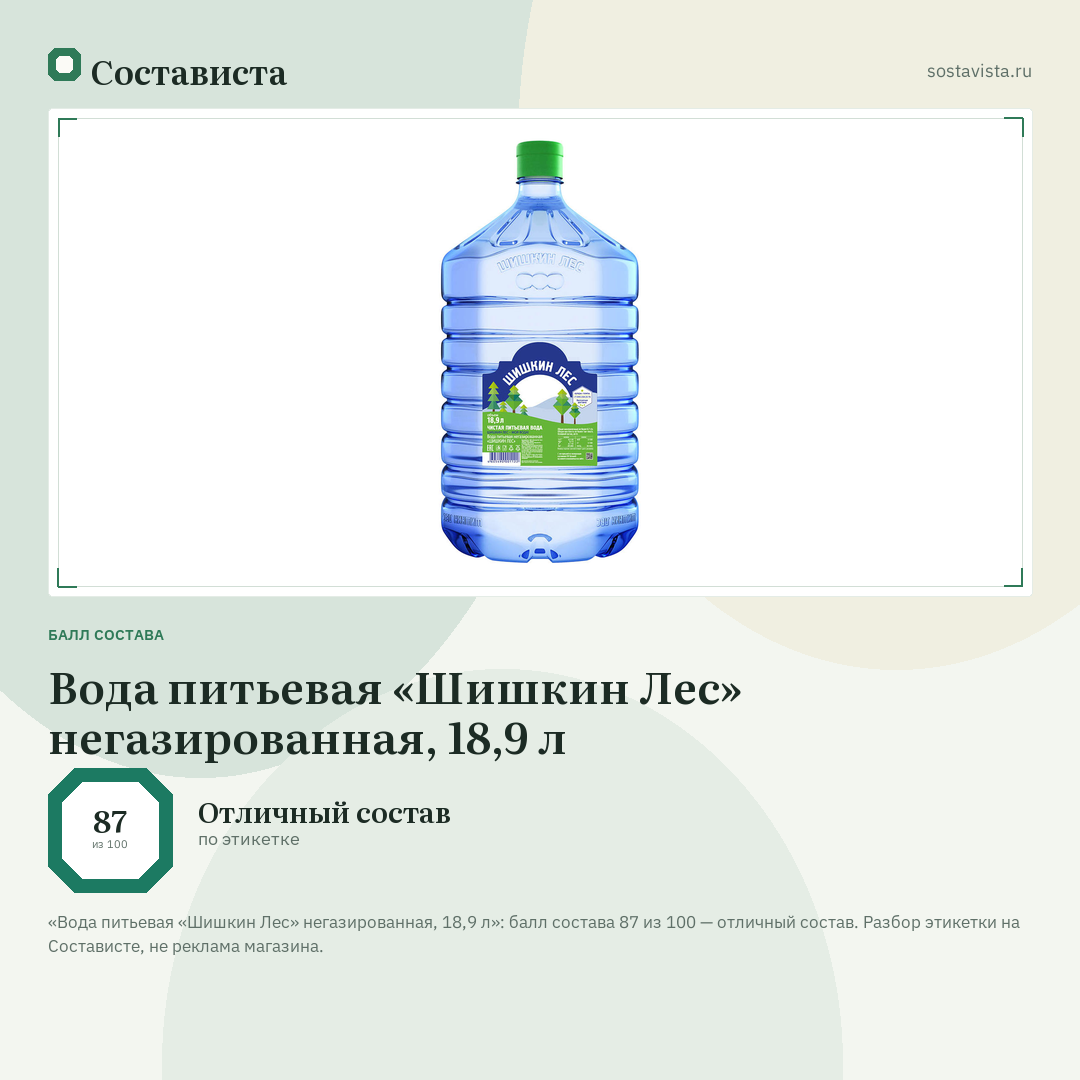 Вода питьевая «Шишкин Лес» негазированная, 18,9 л: балл состава 87 из 100 — Состависта