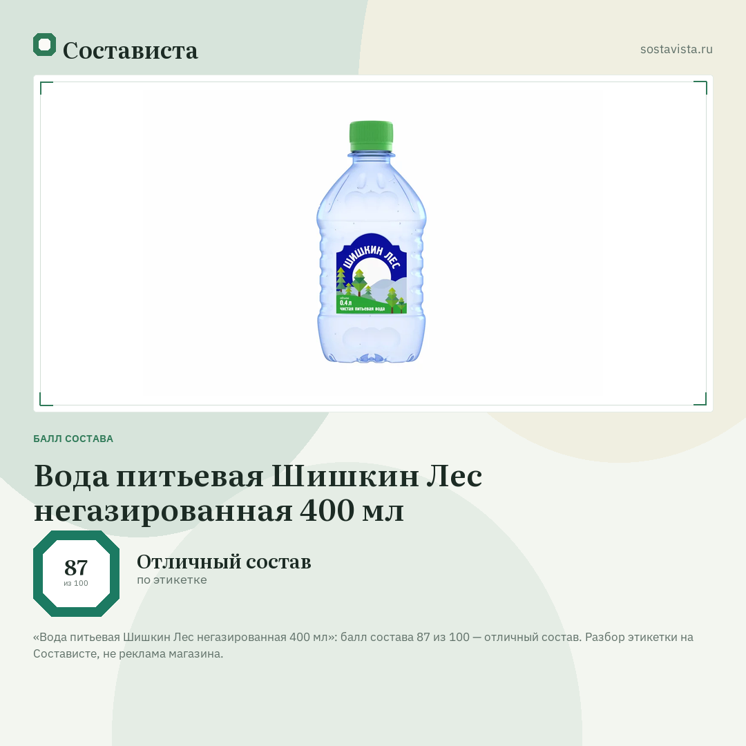Вода питьевая Шишкин Лес негазированная 400 мл: балл состава 87 из 100 — Состависта
