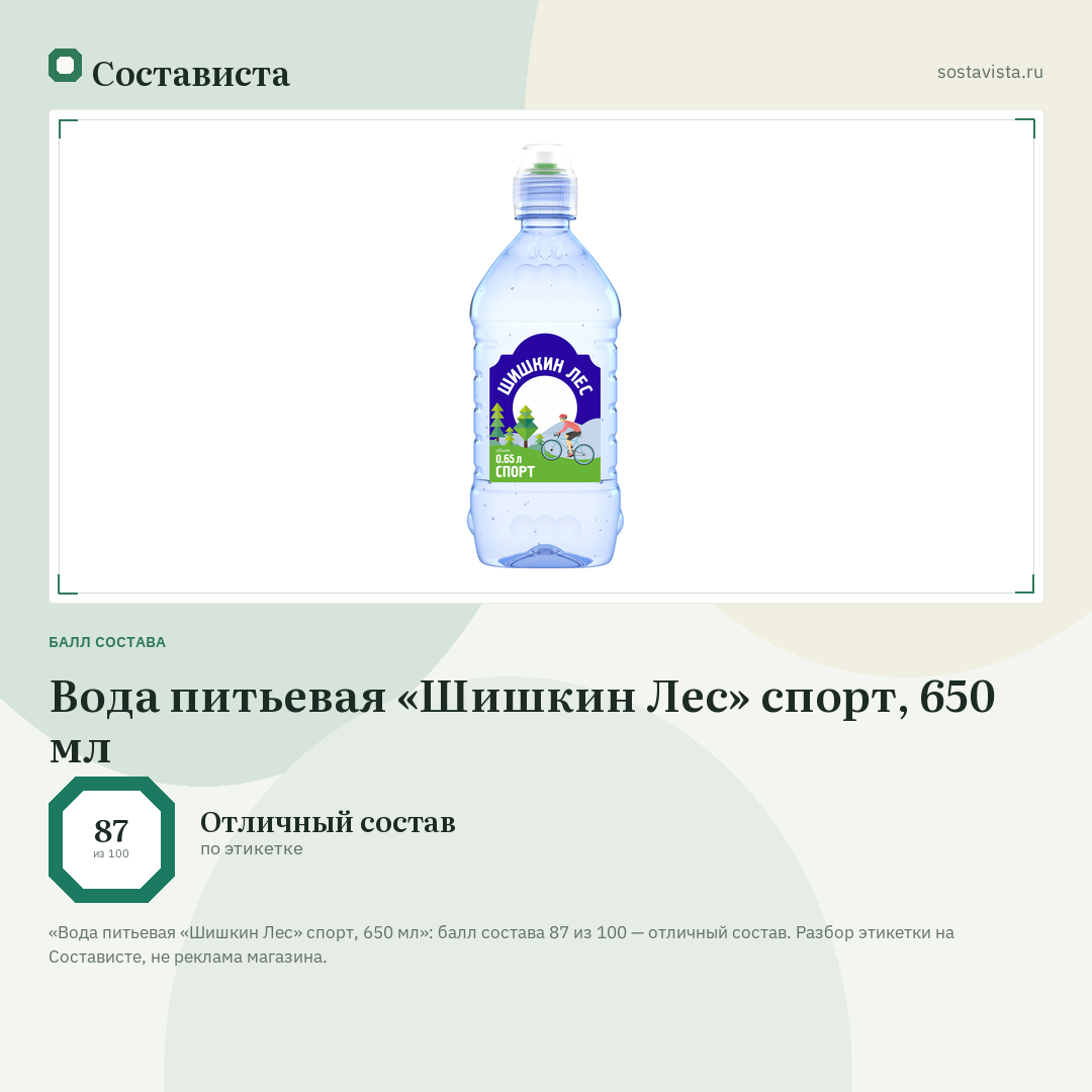 Вода питьевая «Шишкин Лес» спорт, 650 мл: балл состава 87 из 100 — Состависта
