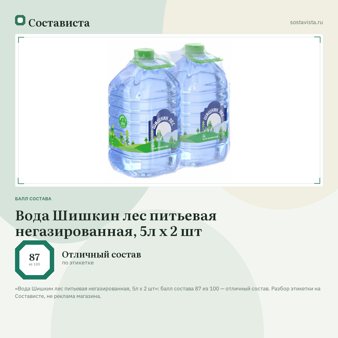 Вода Шишкин лес питьевая негазированная, 5л x 2 шт: балл состава 87 из 100 — Состависта