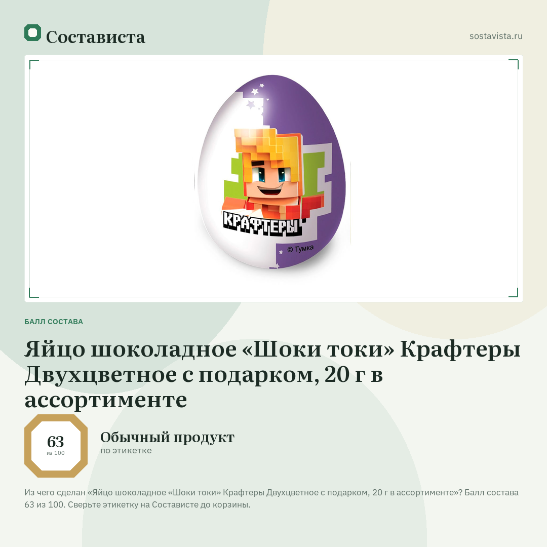 Яйцо шоколадное «Шоки токи» Крафтеры Двухцветное с подарком, 20 г в ассортименте: балл состава 63 из 100 — Состависта