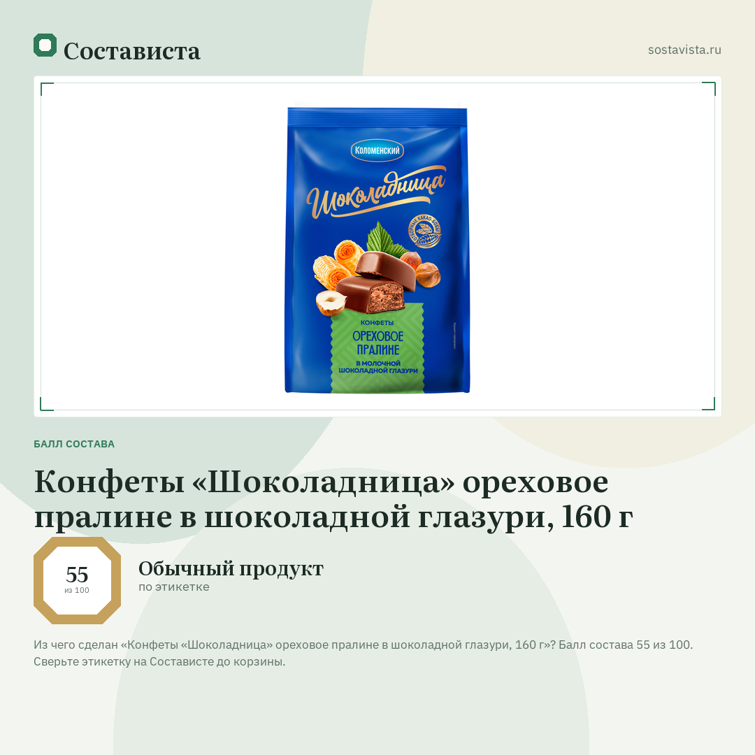 Конфеты «Шоколадница» ореховое пралине в шоколадной глазури, 160 г: балл состава 55 из 100 — Состависта