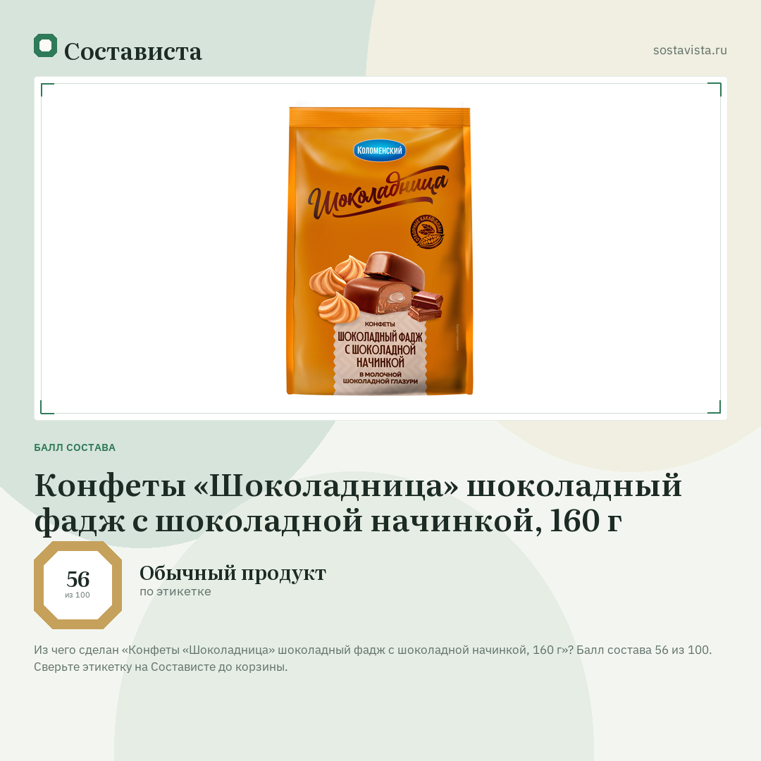 Конфеты «Шоколадница» шоколадный фадж с шоколадной начинкой, 160 г: балл состава 56 из 100 — Состависта