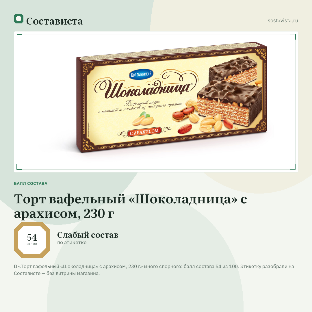 Торт вафельный «Шоколадница» с арахисом, 230 г: балл состава 54 из 100 — Состависта