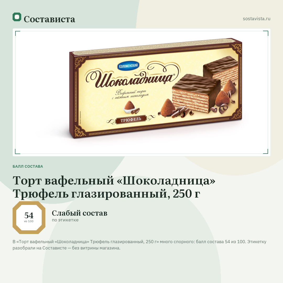 Торт вафельный «Шоколадница» Трюфель глазированный, 250 г: балл состава 54 из 100 — Состависта