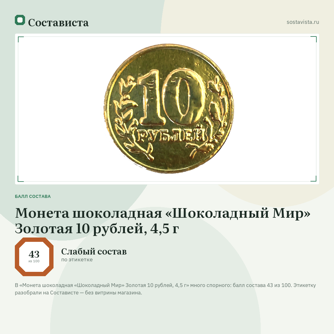 Монета шоколадная «Шоколадный Мир» Золотая 10 рублей, 4,5 г: балл состава 43 из 100 — Состависта
