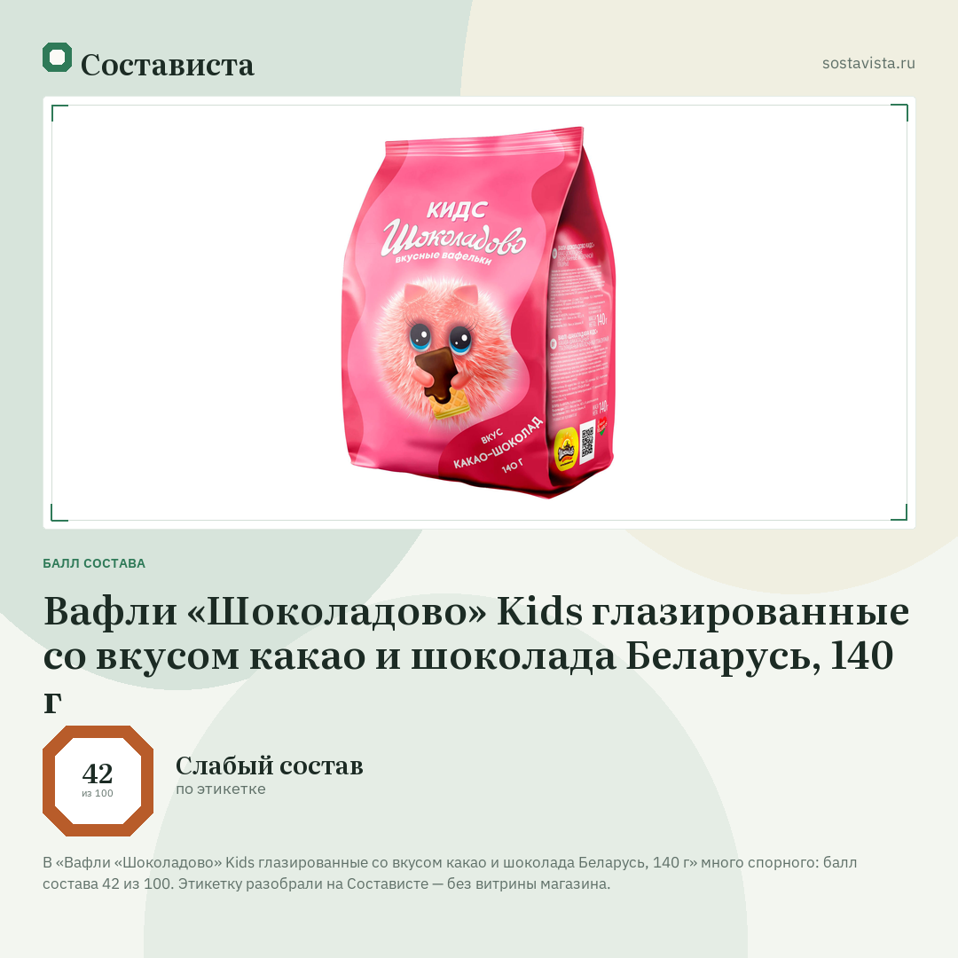 Вафли «Шоколадово» Kids глазированные со вкусом какао и шоколада Беларусь, 140 г: балл состава 42 из 100 — Состависта