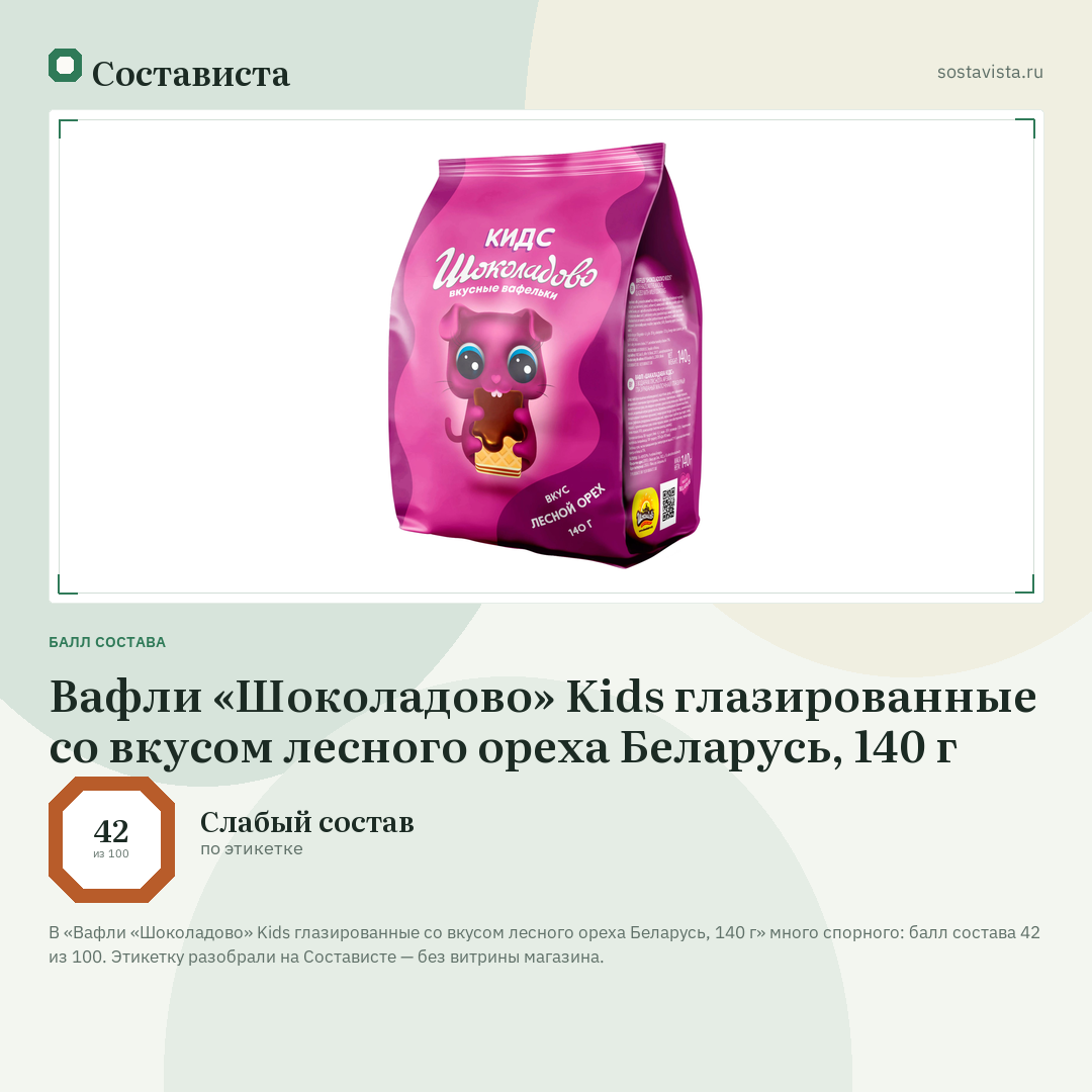Вафли «Шоколадово» Kids глазированные со вкусом лесного ореха Беларусь, 140 г: балл состава 42 из 100 — Состависта