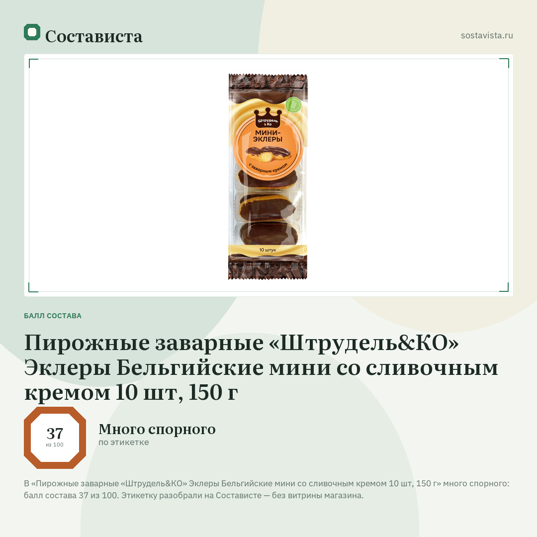 Пирожные заварные «Штрудель&КО» Эклеры Бельгийские мини со сливочным кремом 10 шт, 150 г: балл состава 37 из 100 — Состависта