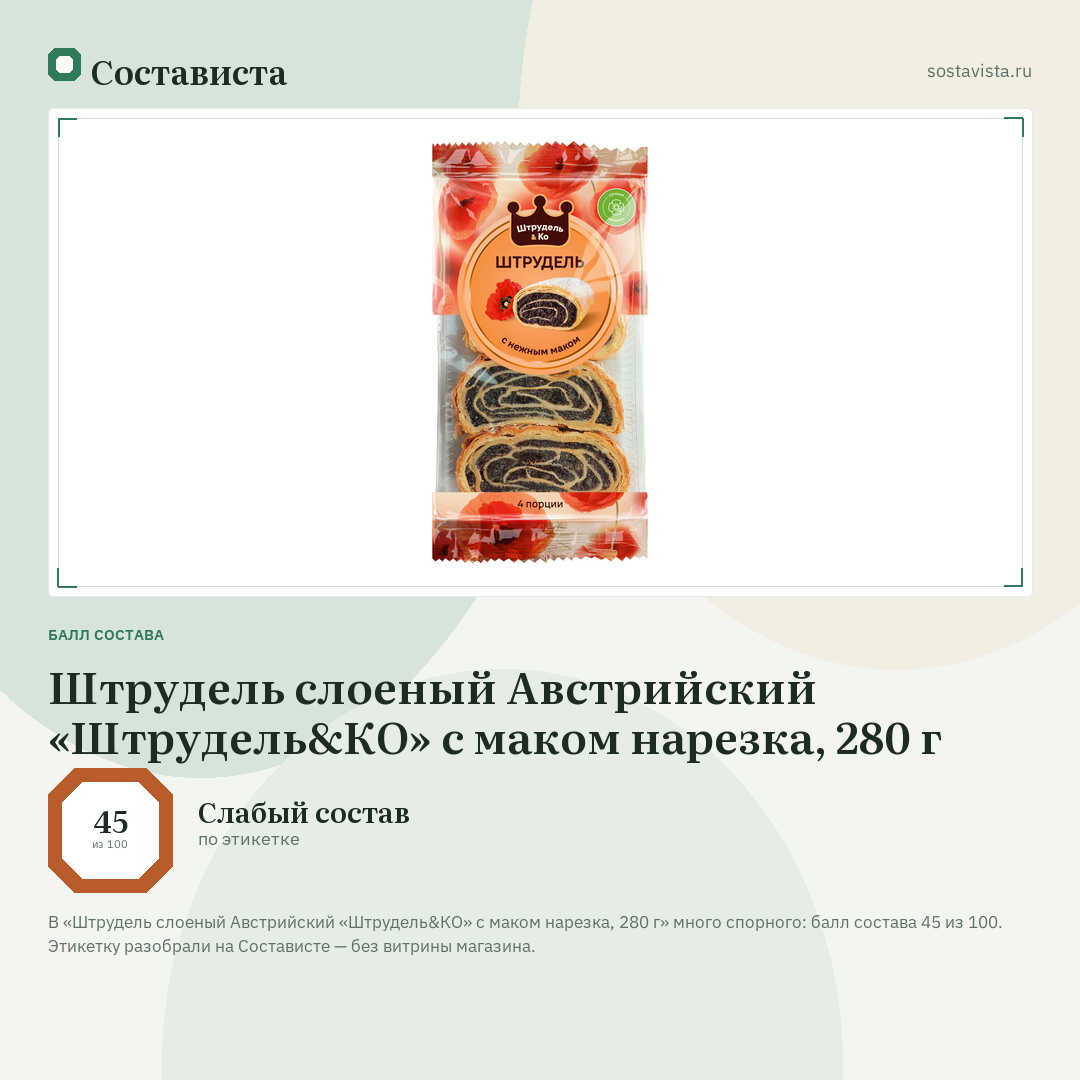 Штрудель слоеный Австрийский «Штрудель&КО» с маком нарезка, 280 г: балл состава 45 из 100 — Состависта