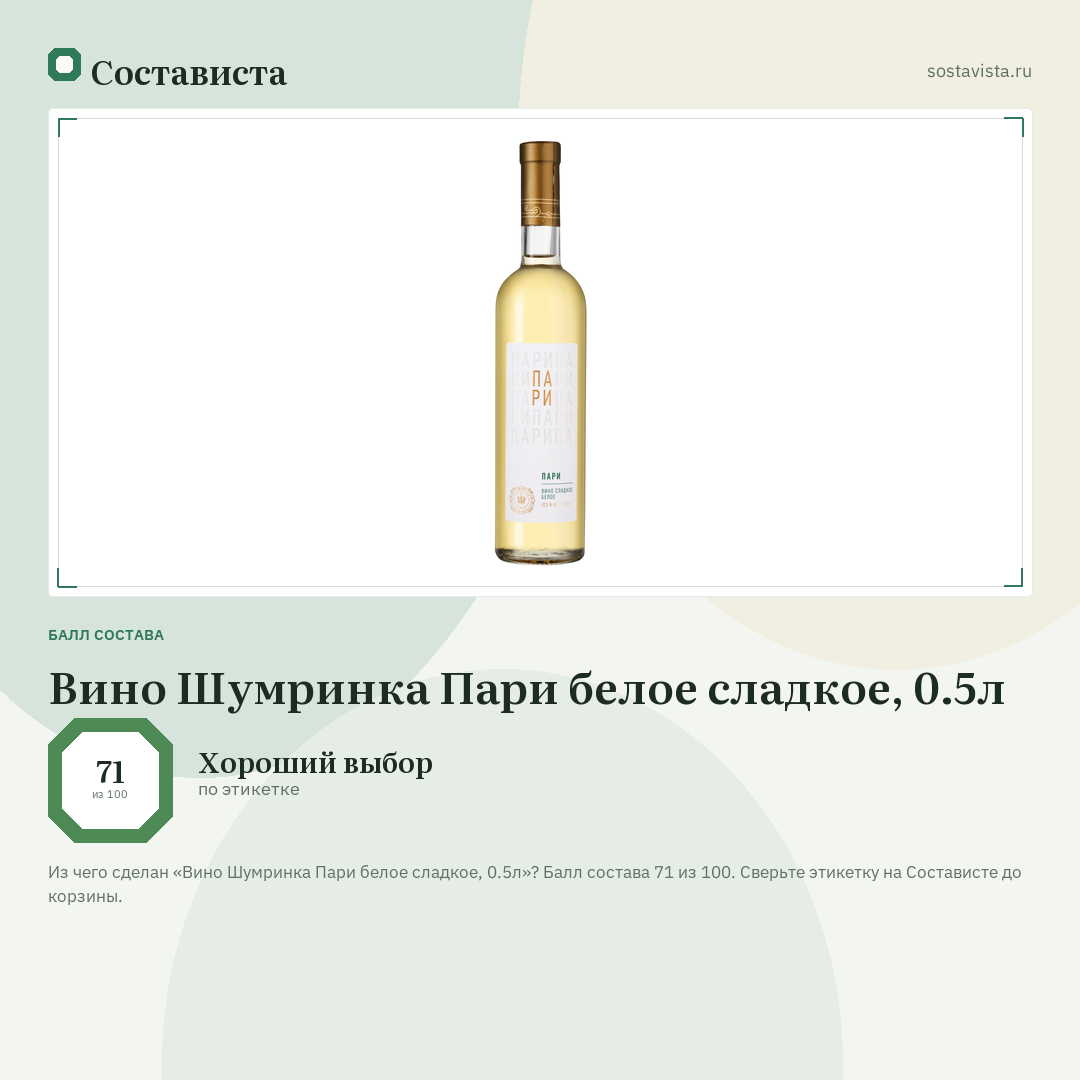 Вино Шумринка Пари белое сладкое, 0.5л: балл состава 71 из 100 — Состависта
