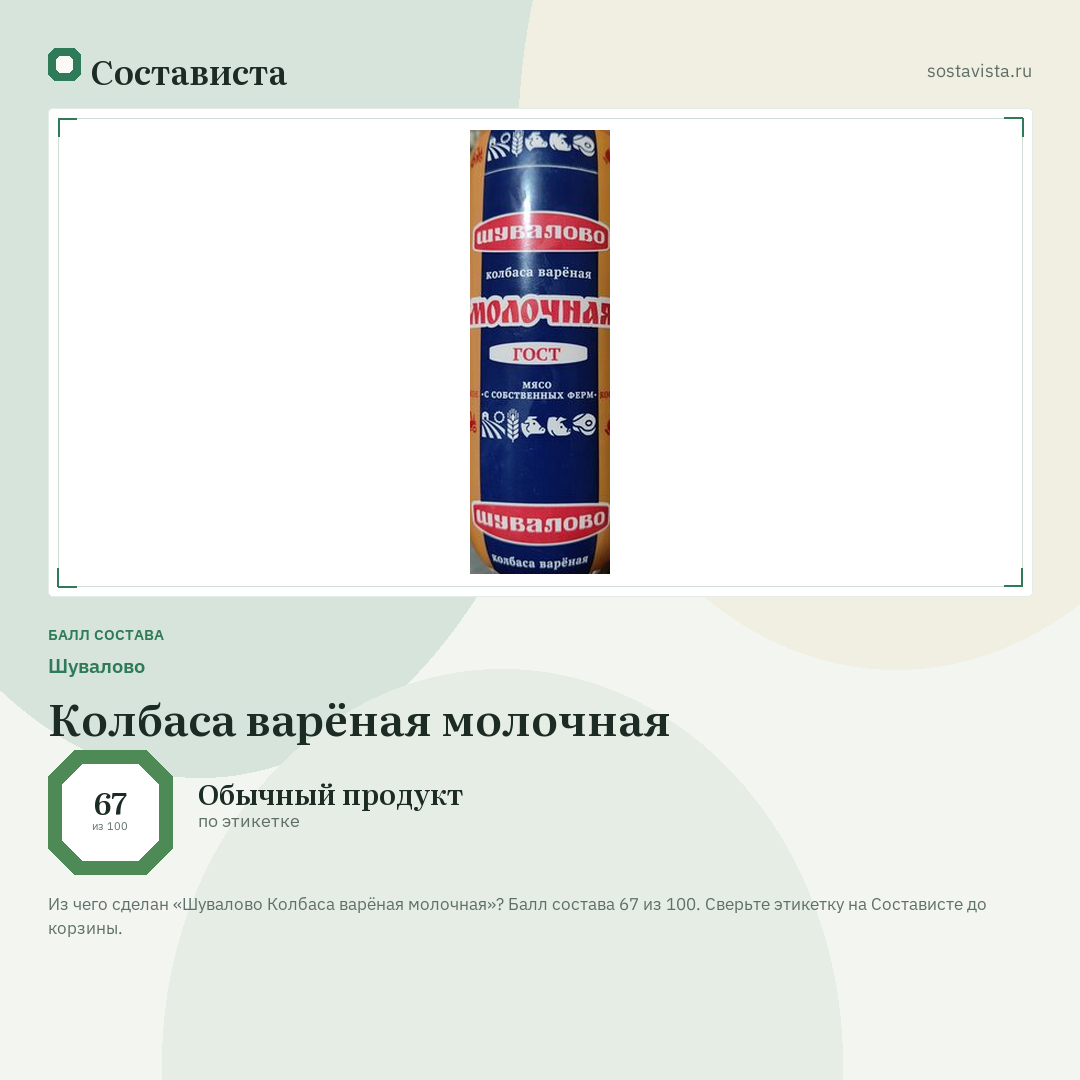 Шувалово Колбаса варёная молочная: балл состава 67 из 100 — Состависта
