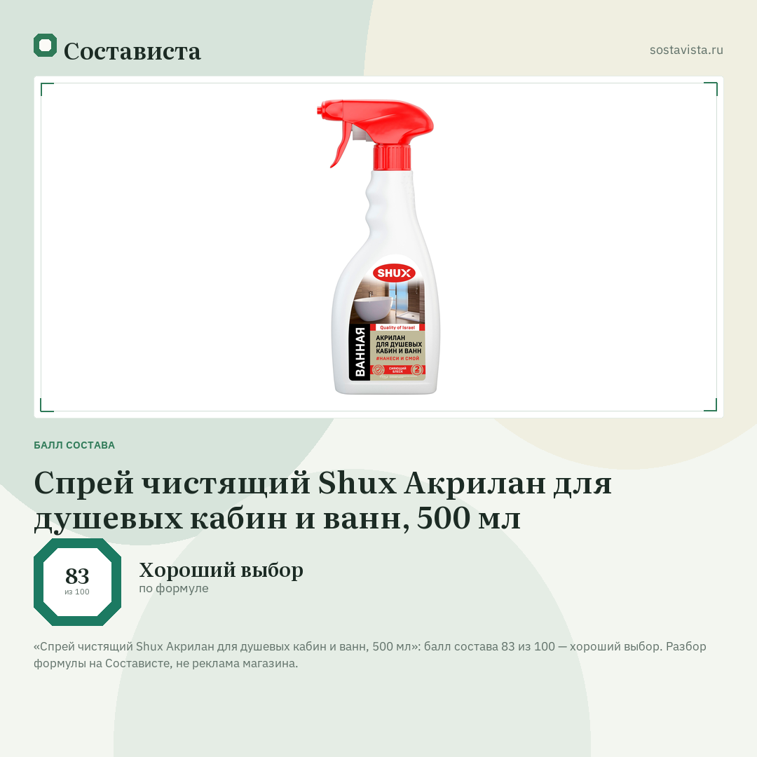 Спрей чистящий Shux Акрилан для душевых кабин и ванн, 500 мл: балл состава 83 из 100 — Состависта